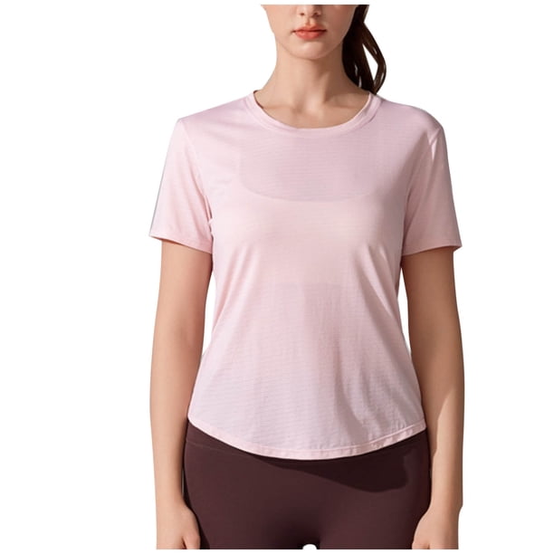 Camisas de Cuello de Tripulación de Manga Corta para las Mujeres, Moda Casual Color Sólido, Blusas de Cuello Redondo de Yoga Deportivo