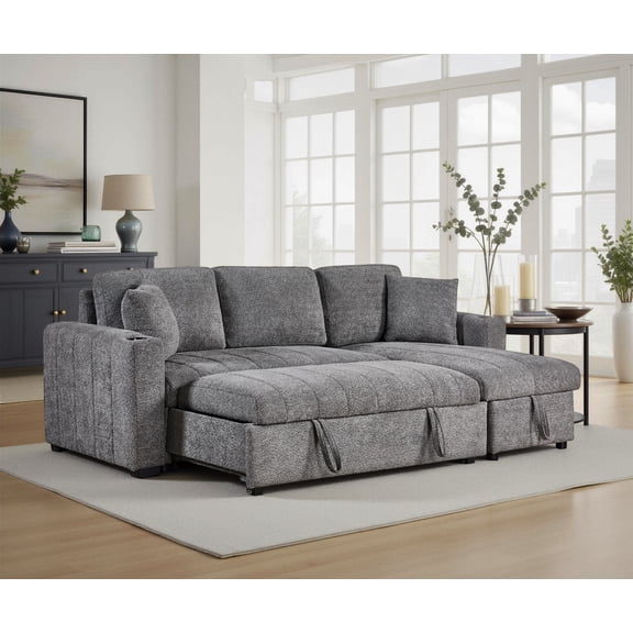 Seraphina II 96 Inch Gray Boucle Fabric Sleeper Sectional Sofa with Storage