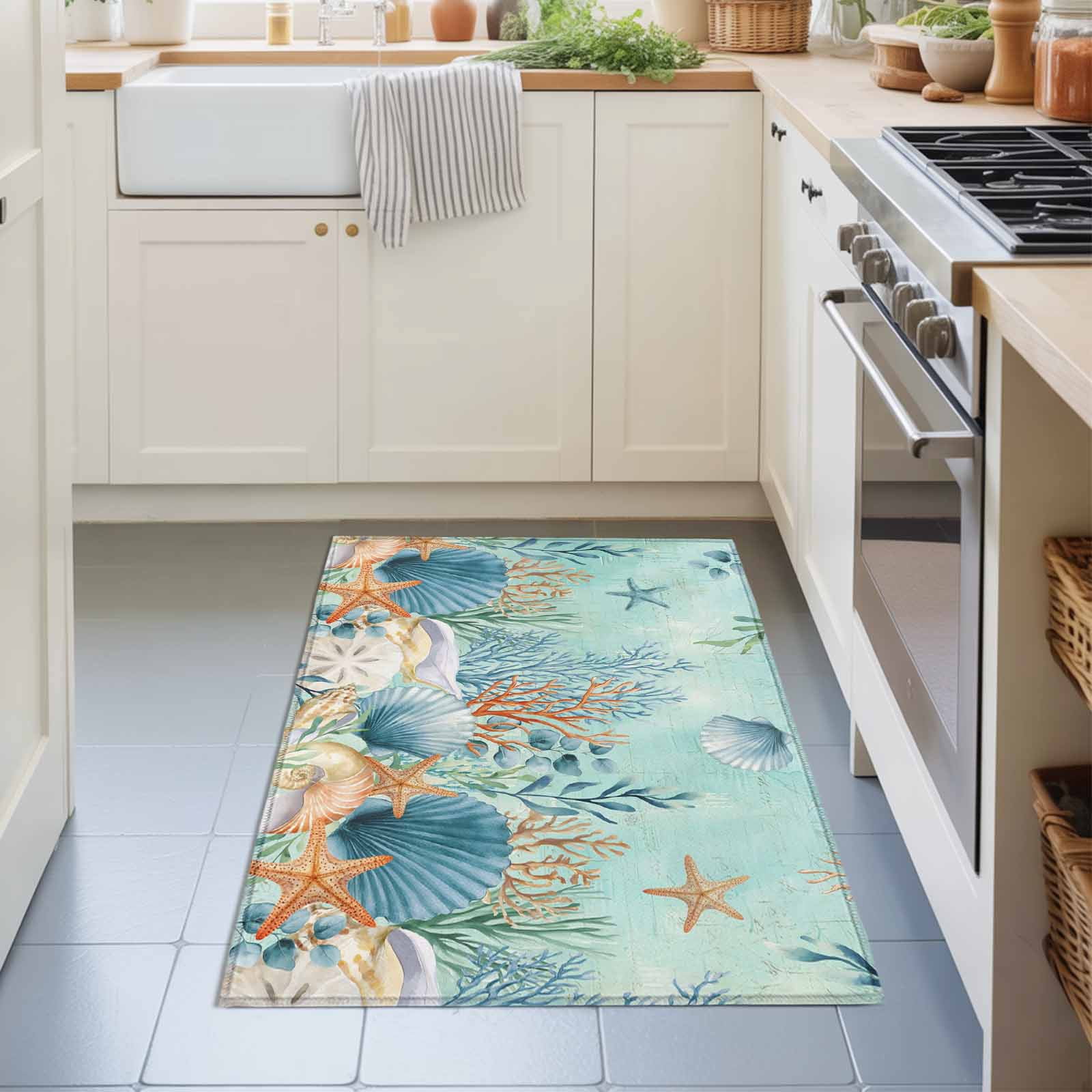 Entryway Rug 2'x3', Teal Coastal Kitchen Runner Rugs Non-Slip Carpet Mats, Summer Beach Starfish Shell Coral Nautical Bedside Rugs Runners Washable Floor Carpet for Bathroom Laundry Room
