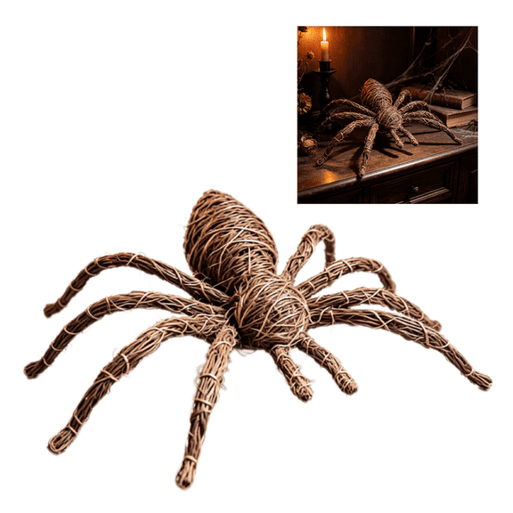 Imitation Rattan Spider Halloween Ornaments, Handmade Woven Spooky Spider Decor Figurines for Shelf and Table, Rustic Halloween Accent for Mantel, Entryway, Halloween Decorations Indoor