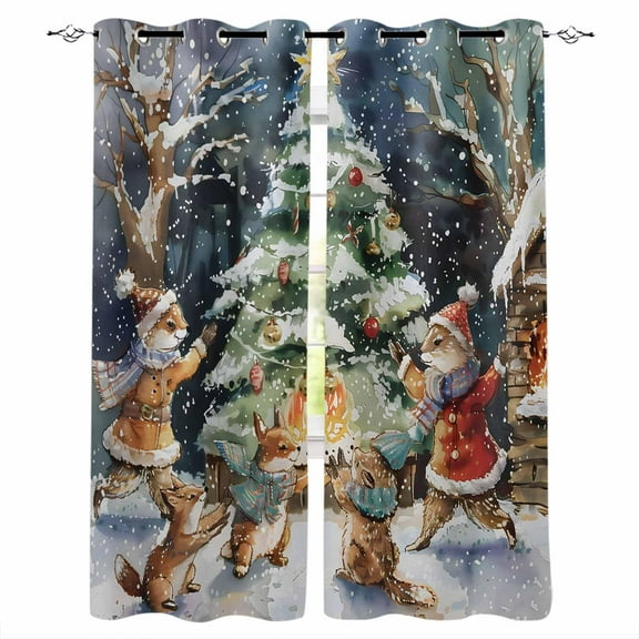 Hokiten Christmas Blackout Curtains | Light Blocking Print Window Curtains, Xmas Tree Animals Snowflake Blue Thermal Insulated Window Drapes for Living Room Kitchen Cafe (2 Panels, 104"W x 52"L)