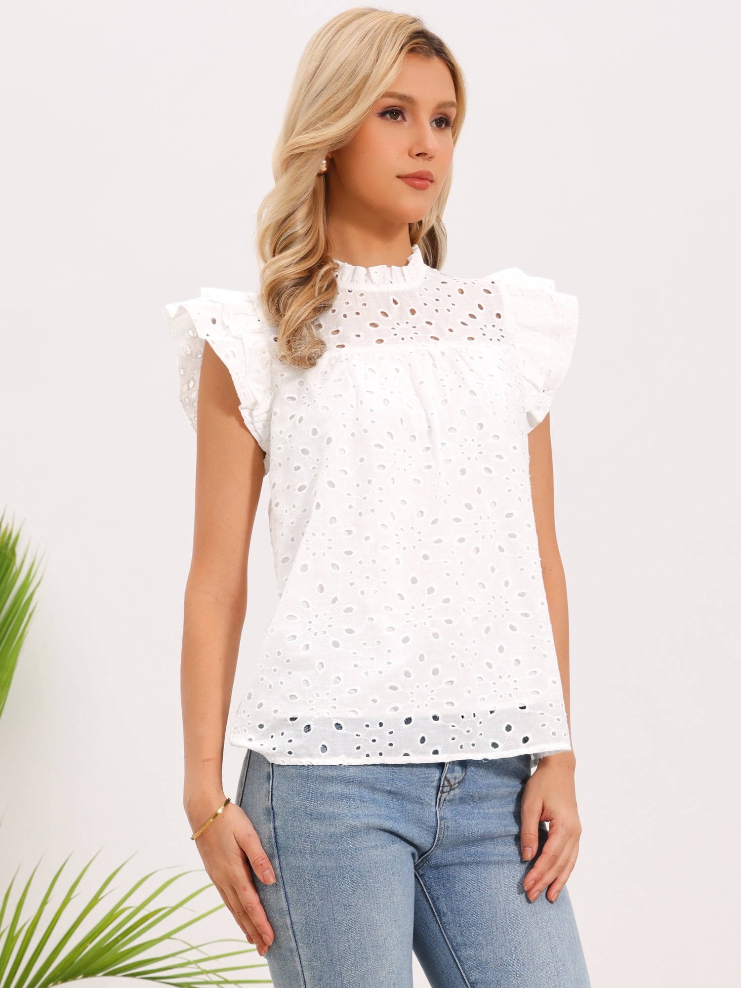 DARING DIVA Women's Summer Eyelet Tops Casual Cap Sleeve Ruffle Cotton Blouse M White