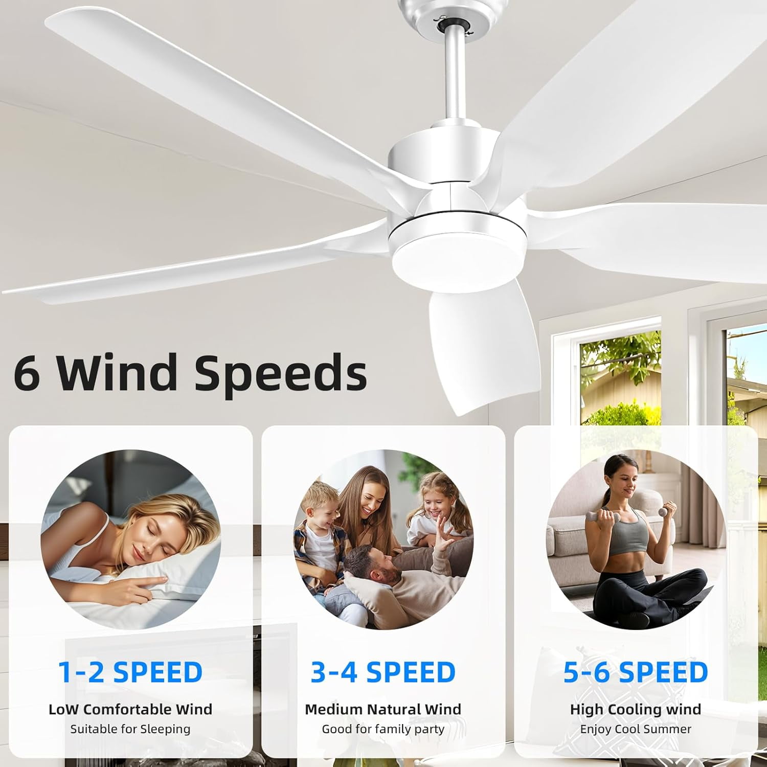 Moifoi 52" Ceiling Fan with Light & Remote Control , Features 3CCT Adjustable LED, Ultra-Quiet Reversible DC Motor, 6 Speed Settings, Timer Function, Ideal for Bedroom & Living Room, White
