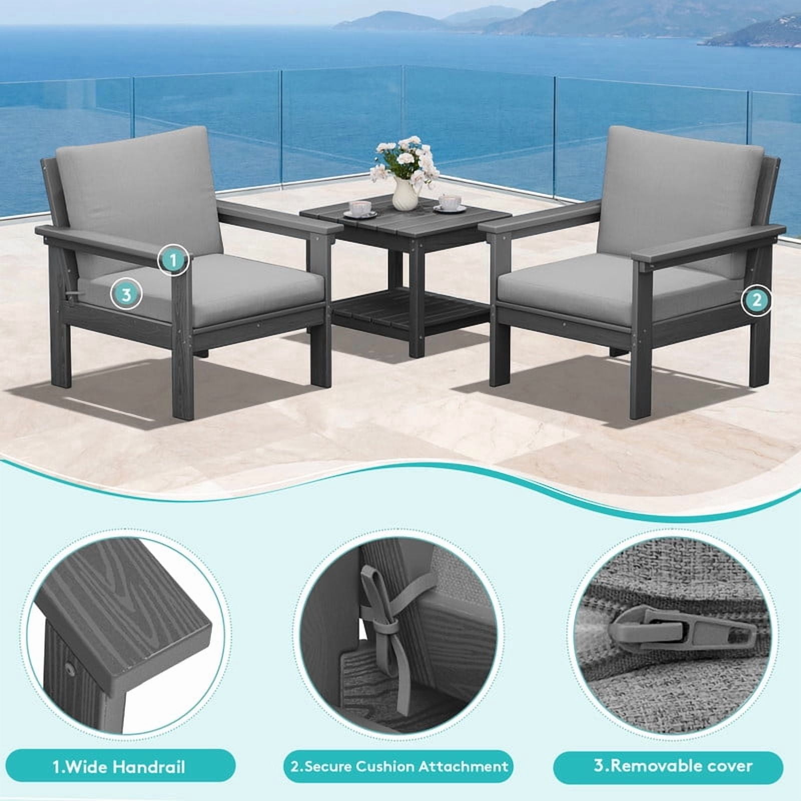 FUNDAZE Oversized HDPE Patio Furniture Sets, 2-Seater With Double-tier Table Outdoor Conversation Set | For Patio, Poolside, Backyard Use, Grey Frame with Gray Cushion