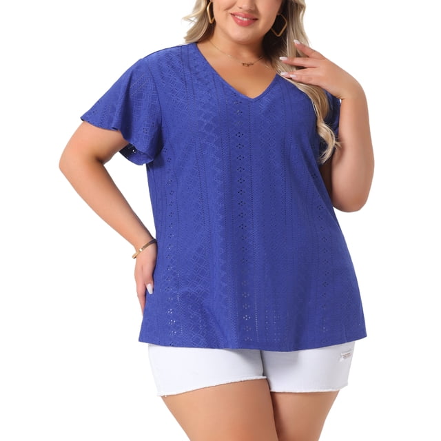 Blusa de manga acampanada de talla grande para mujer Agnes Orinda, con escote en V, camiseta hueca de primavera y verano, 1X azul real