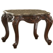 HomeStock Marble Top End Table With Motif Engraved Angular Wood Feet, Brown