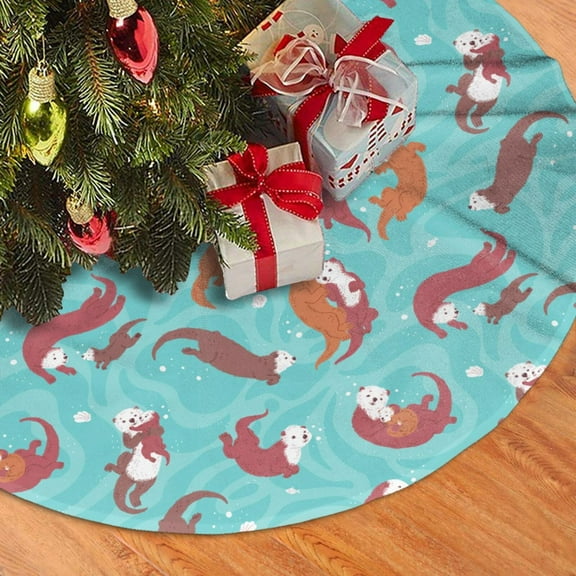 Christmas Tree Skirt, Sea Otters Family In Blue Water Soft Plush Christmas Tree Decorations Indoor, Tree Skirts Mat for New Year Halloween Holiday Christmas Party Decor 30"