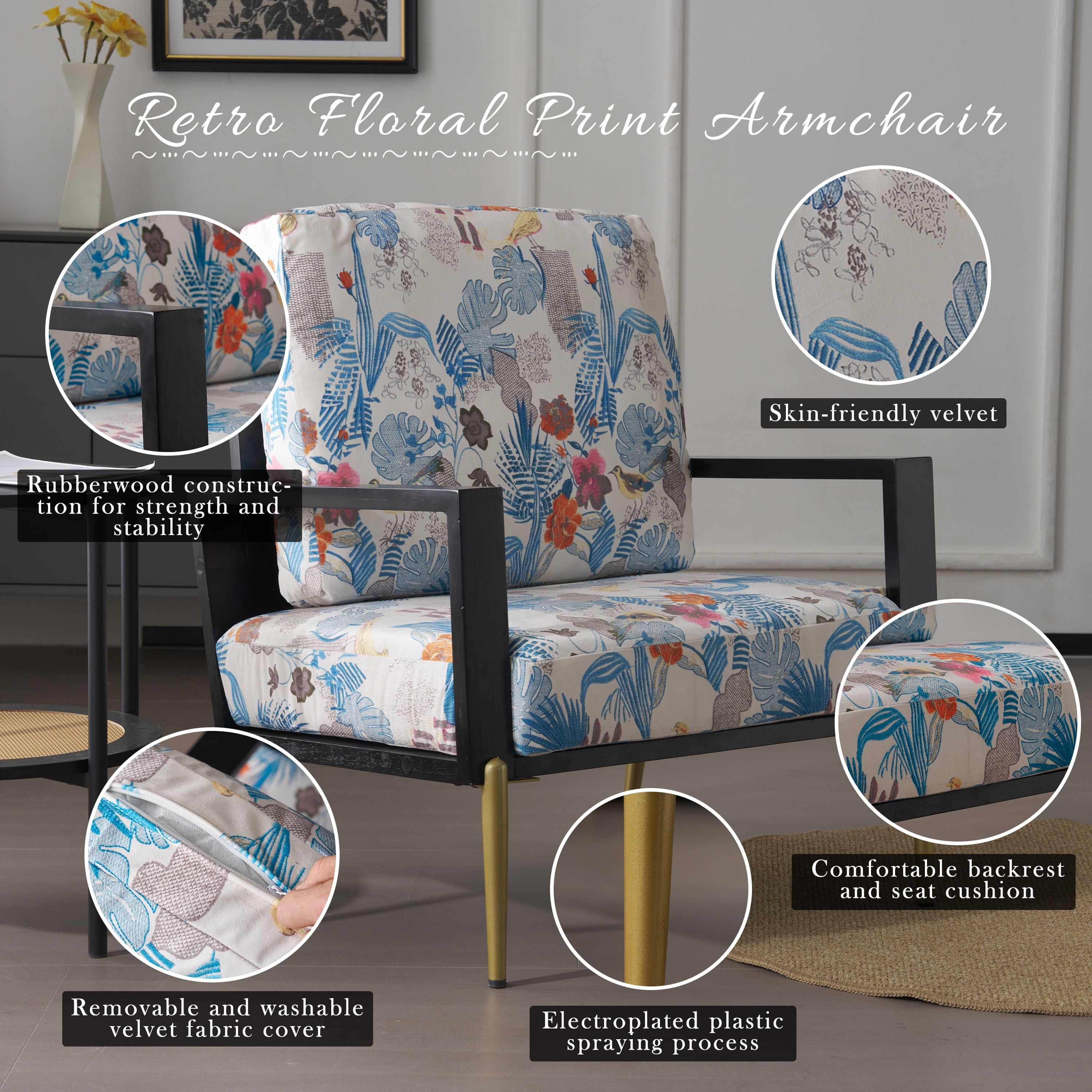 Euroco Accent Armchair with Gold Adjustable Legs, Low-Back Design, and Rubberwood Frame – Oriental Meets American Vintage Elegance