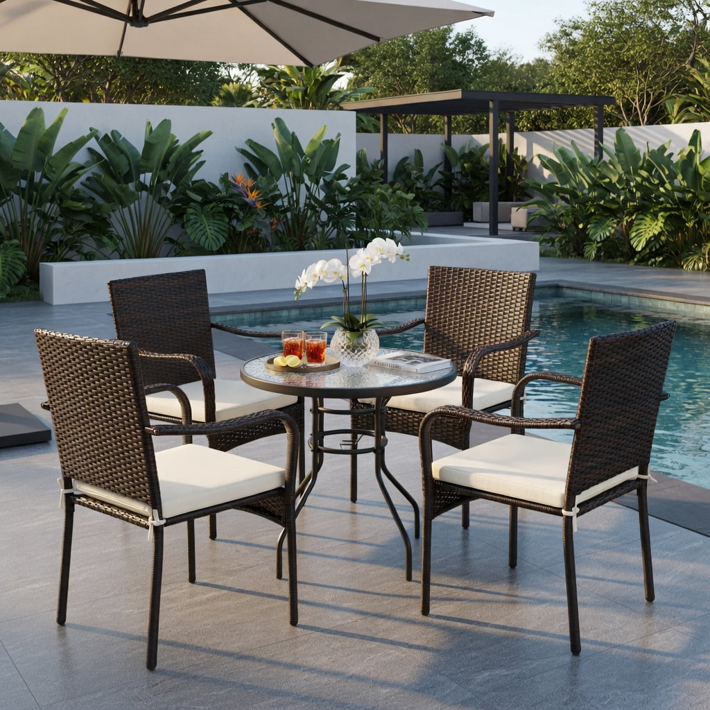 Hommoo 4-Piece Stackable Outdoor Rattan Dining Chairs with Removable Cushions, Weather-Resistant PE Wicker & Steel Frame for Patio, Garden, Poolside, Brown