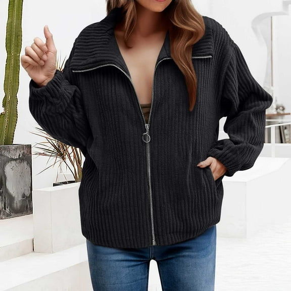 Women's Corduroy Jacket, Solid Color Button Front Closure Loose Fit Casual Shacket with Pockets, Mid-Length Overshirt for Women, Spring Autumn Winter Comfort Wear Black L