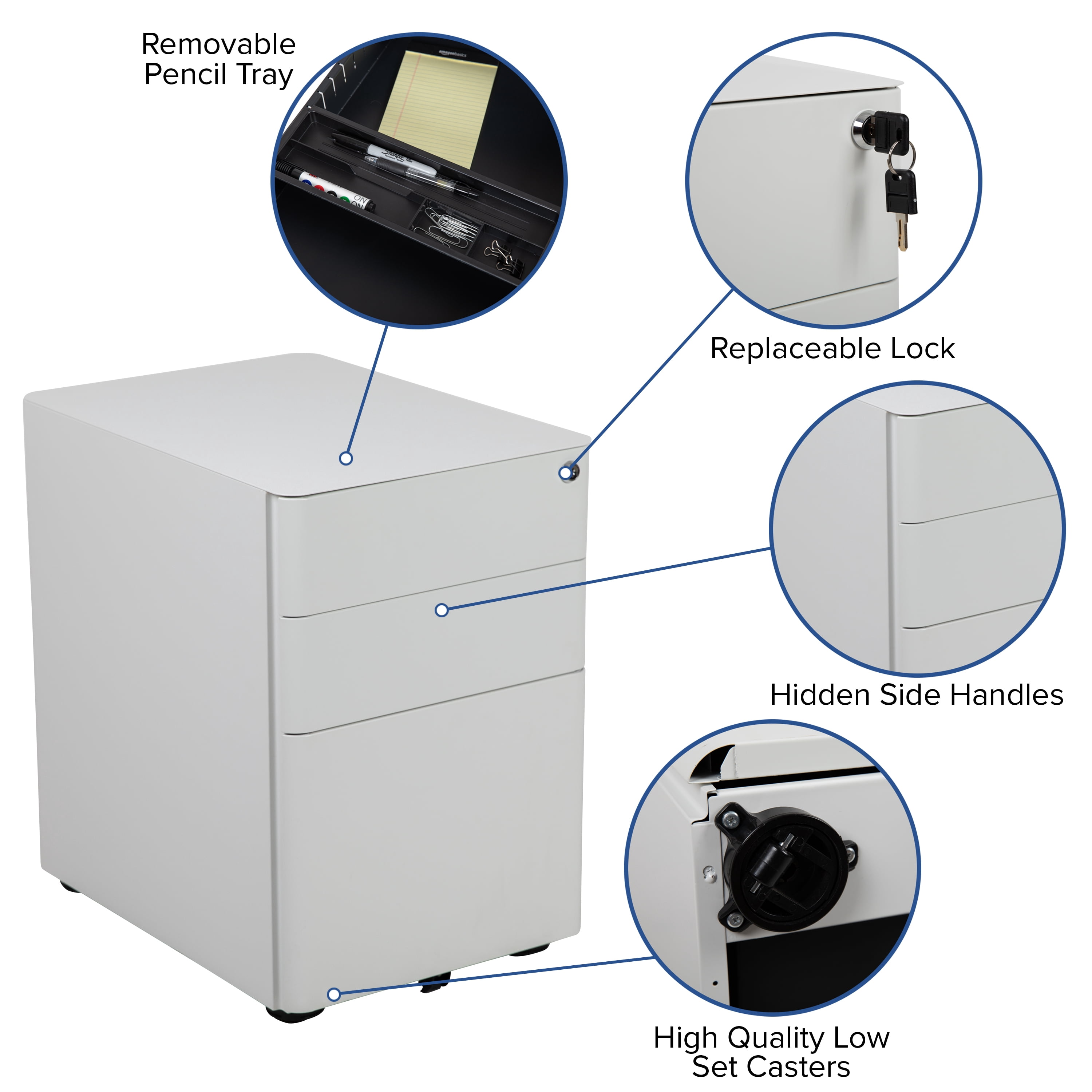 Flash Furniture Warner Modern 3-Drawer Mobile Locking Filing Cabinet with Anti-Tilt Mechanism and Hanging Drawer for Legal & Letter Files, White