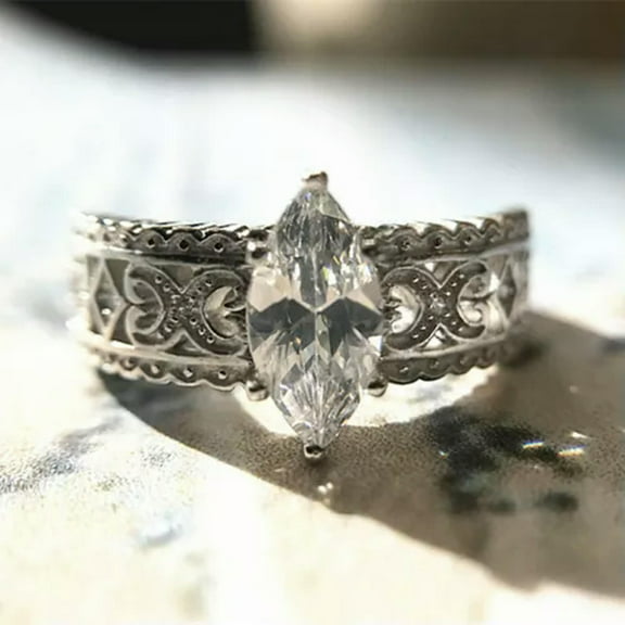 Marquise Cut 3ct 925 Silver CZ Women Wedding Retro Hollow Ring Size 5/6/7/8/9/10