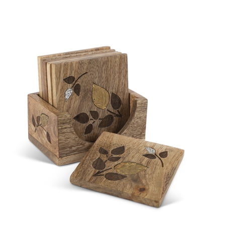 Gerson Mango Wood with Laser and Metal Inlay Leaf Design 6 Pieces Coaster Set in Wood Base.