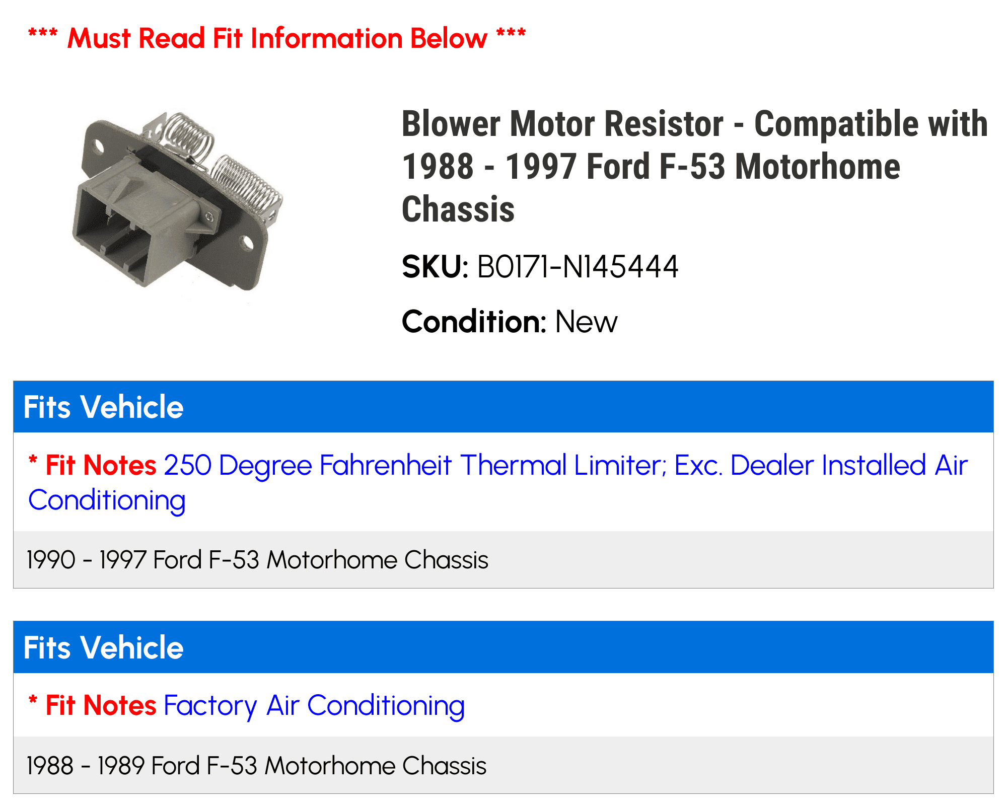 Blower Motor Resistor - Compatible with 1988 - 1997 Ford F-53 Motorhome Chassis - Dorman