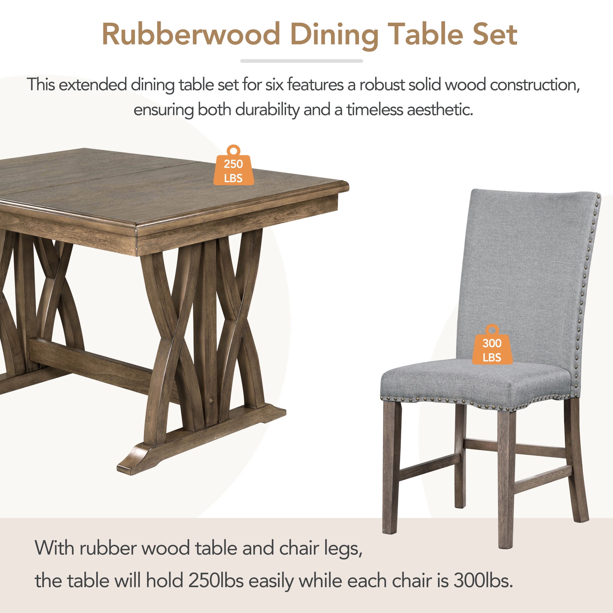 Harper & Bright Designs 7 Pieces Extendable Dining Table Set for 6, Farmhouse Kitchen Table Set with 6 Upholstered Chairs for Dining Room, Gray