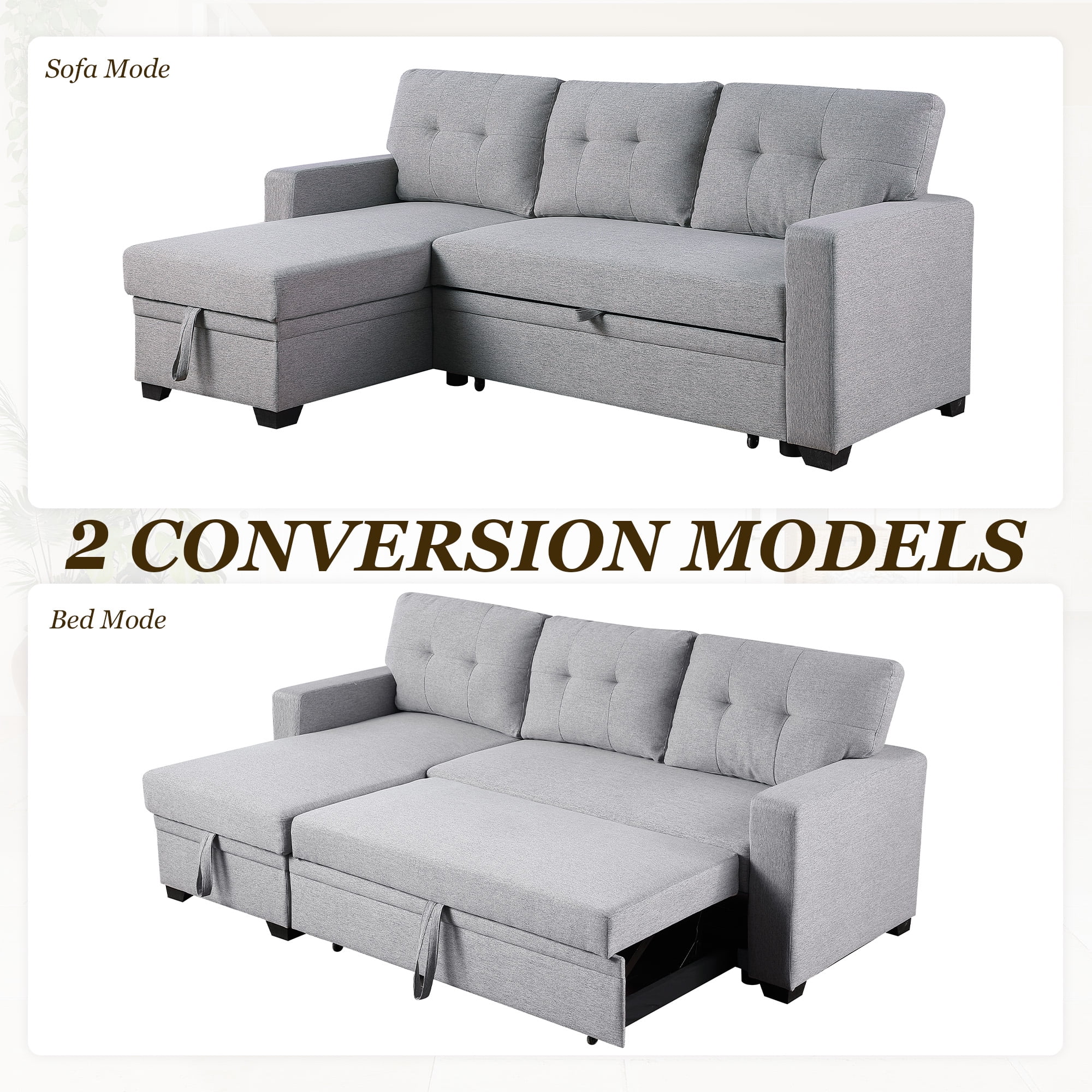 MOONMISS Sectional Sofa Bed with Storage and Soft Seat ,Reversible Pull Out Couch for Living Room,Light Gray