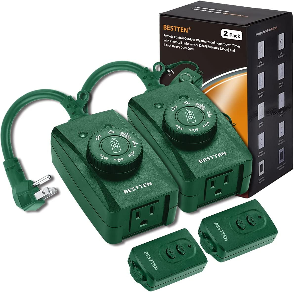 [2 Pack] BESTTEN Remote Control Outdoor Outlet with Dusk to Dawn and