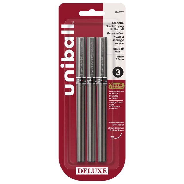 uniball™ Deluxe Rollerball Pens, Micro Point (0.5mm), Black, 3 Pack
