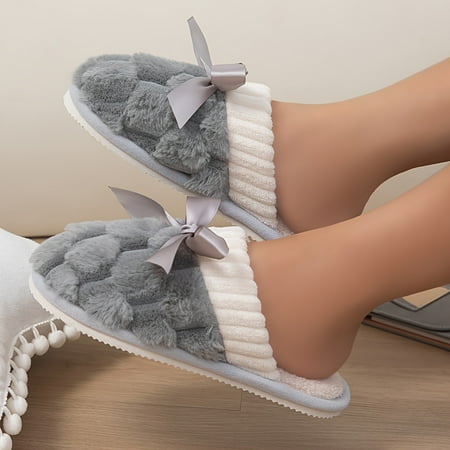 

Solid Color Home Warm Slippers Slip On Soft Sole Fluffy Flat Bowknot Decor Shoes Winter Plush Cozy Non-slip Shoes