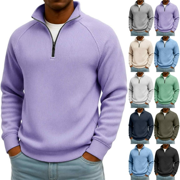 LTTVQM Men's Lightweight Sweatshirts, Quarter Zip Long Sleeve Casual Stand Collar Fall Winter Fashion Pullover Sweater Light Purple M
