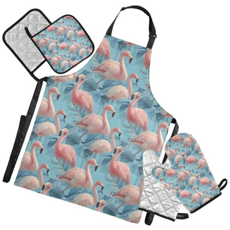 Ryvnso Flamingo on Blue Leave Kitchen Apron Oven Mitts Set Pot Holders