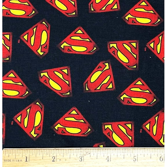 1 Fat Quarter - DC Comics Superman Shield on Black Cotton Fabric - 21" X 18"
