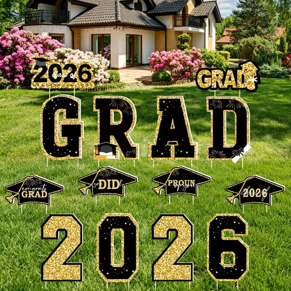 Waterproof 2026 Grad Yard Signs Plastic Graduation Yard Signs Party Outdoor Lawn Decorations 16 Inches Glitter Congrats Grad with Stakes for Outdoor, Lawn Party Decor (Black and Gold)