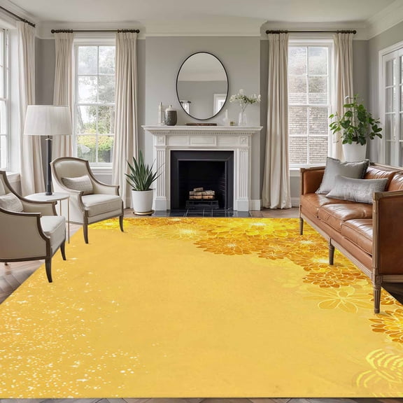 Large Area Rugs for Living Room Bedroom, Yellow Golden Floral 6'x9' Rug Washable Carpet Runner Indoor Outdoor, Spring Summer Shiny Flowers Non Slip Floor Mats Rug for Kitchen, Playroom