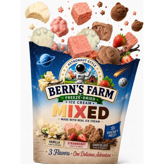 Bern’s Farm Astronaut-Style Freeze-Dried Ice Cream Mix, Vanilla, Strawberry & Chocolate, 3 Flavors, 3 oz