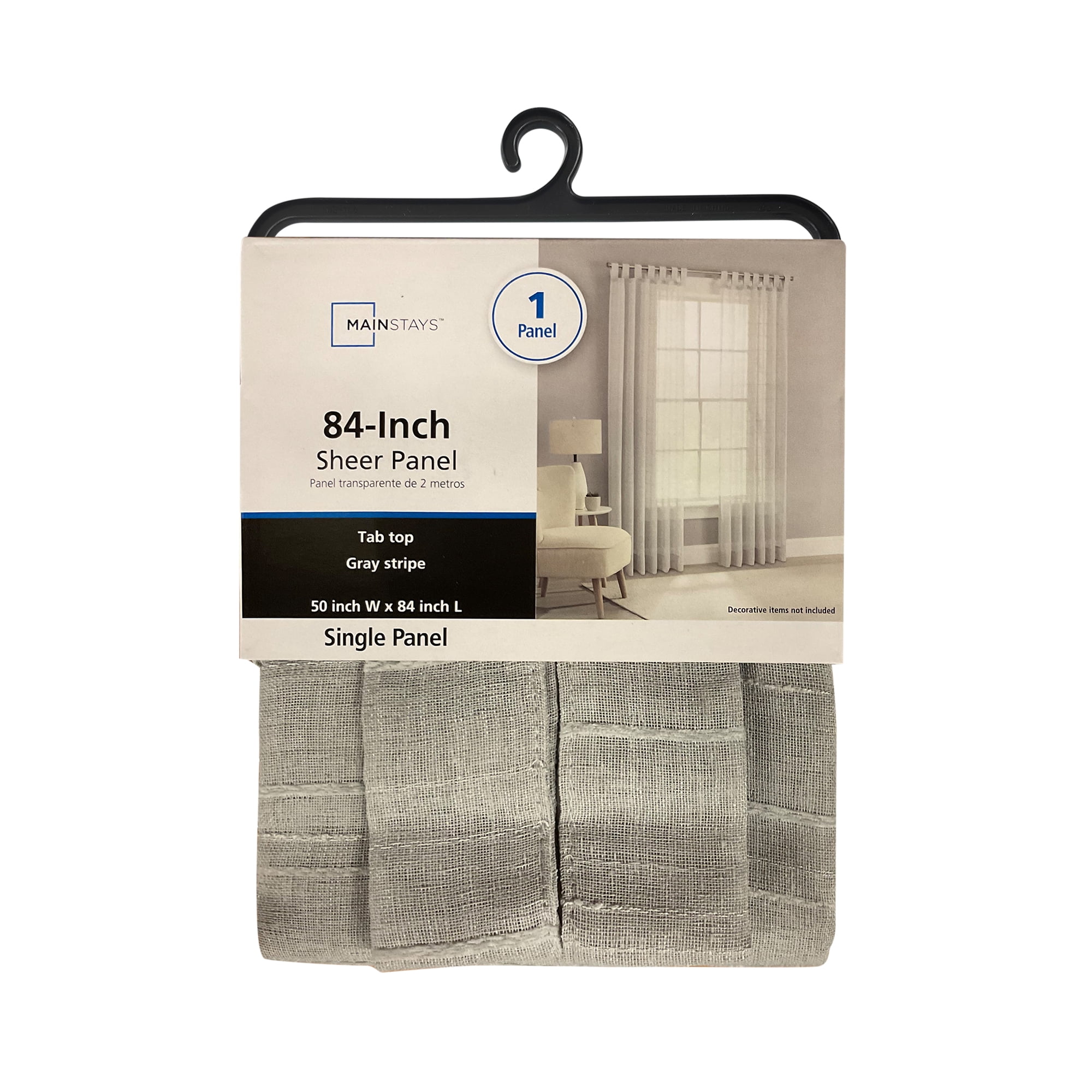 Mainstays Woven Stripe Sheer Tab Top Curtain, Single Panel, Silver, 50" W x 84" L
