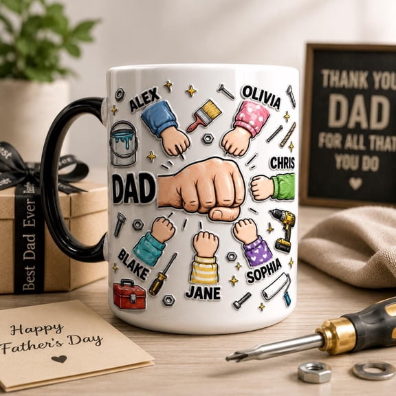Personalized Dad Fist Bump Mug, Father’s Day Custom Kids Names Coffee Cup, Gift for Dad