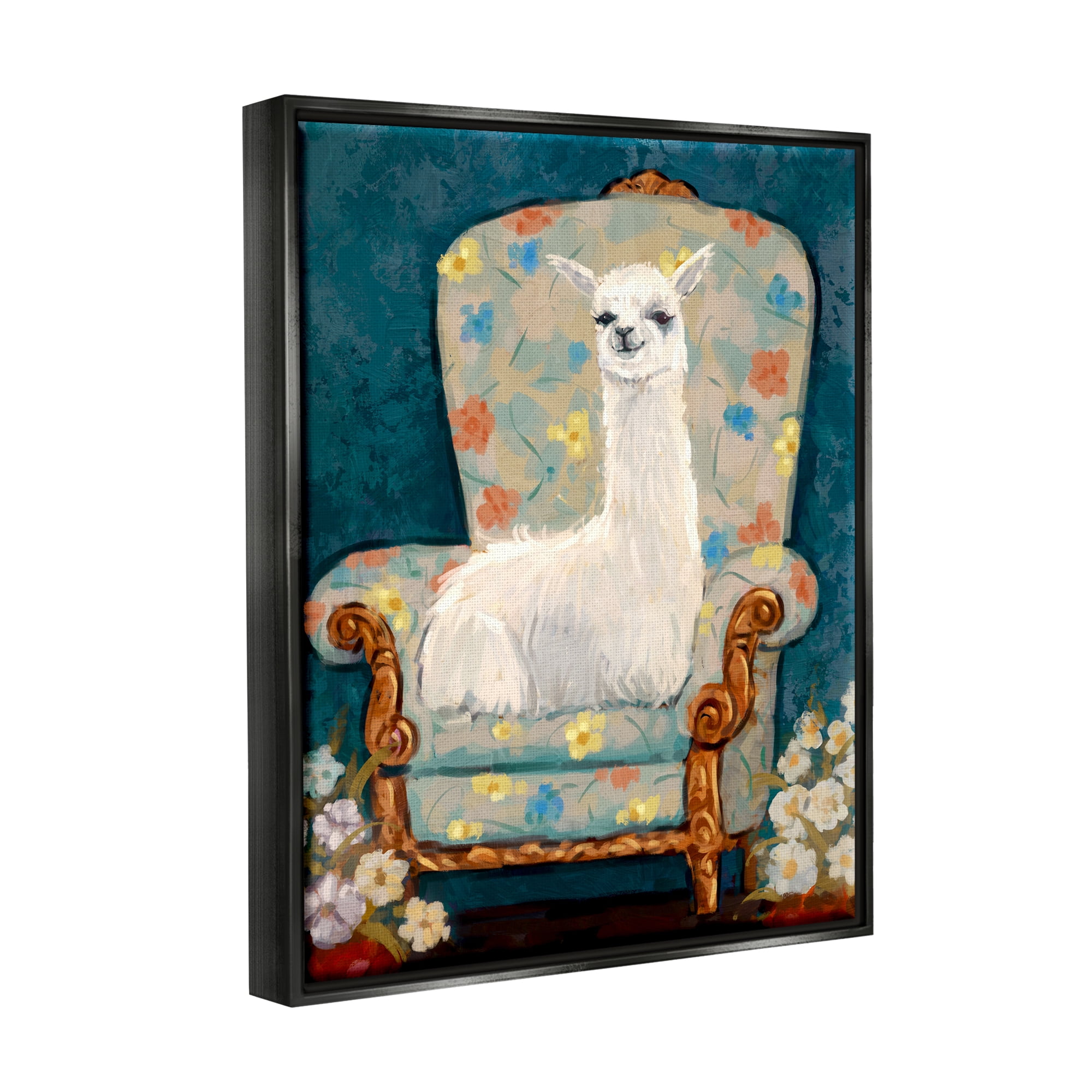 Stupell Industries Llama on Floral Armchair Animals & Insects Painting Black Floater Framed Canvas Art Print Wall Art, 17 x 21