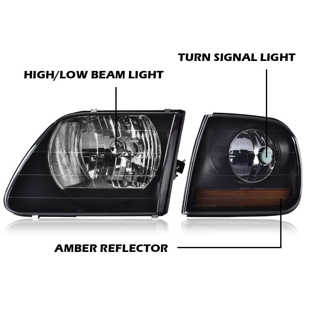 Headlights Smoky Lens Black Housing Amber Reflector Fit for 1998-2003 Ford F150/1997-2002 Expedition/ 2004 F150 Heritage/ 1997-1999 F250 Light Duty