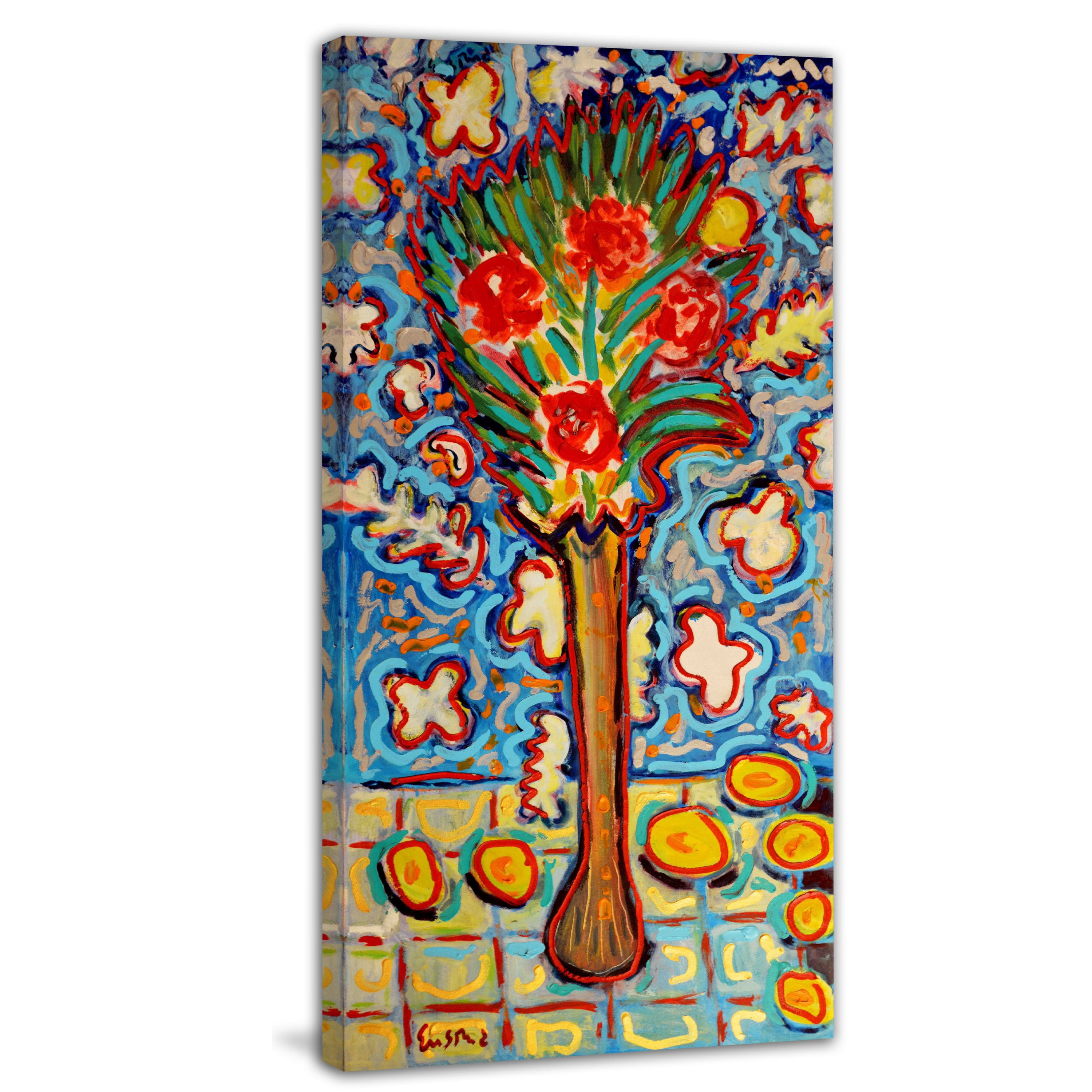 MARMONT HILL  - 'Roses in Long Vase' by Michael Woodward Painting Print on Canvas - Multi-Color 12 x 24