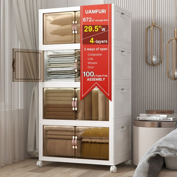 UAMFURI 672QT Stackable Storage Bins with Lids and Wheels, 4 Tier Plastic Storage Drawers, Foldable Closet Organizers for Bedroom, Kitchen, Office