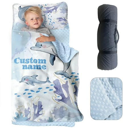 AOLOA Personalized Toddler Nap Mat for Daycare Custom Name Kids Sleeping Bag with Pillow and Blanket for Preschool Kindergarten Light Blue Dolphin Design Nap Mats Easy Carry AOLOA Personalized Toddler Nap Mat for Daycare Custom Name Kids Sleeping Bag with Pillow and Blanket for Preschool Kindergarten Light Blue Dolphin Design Nap Mats Easy Carry