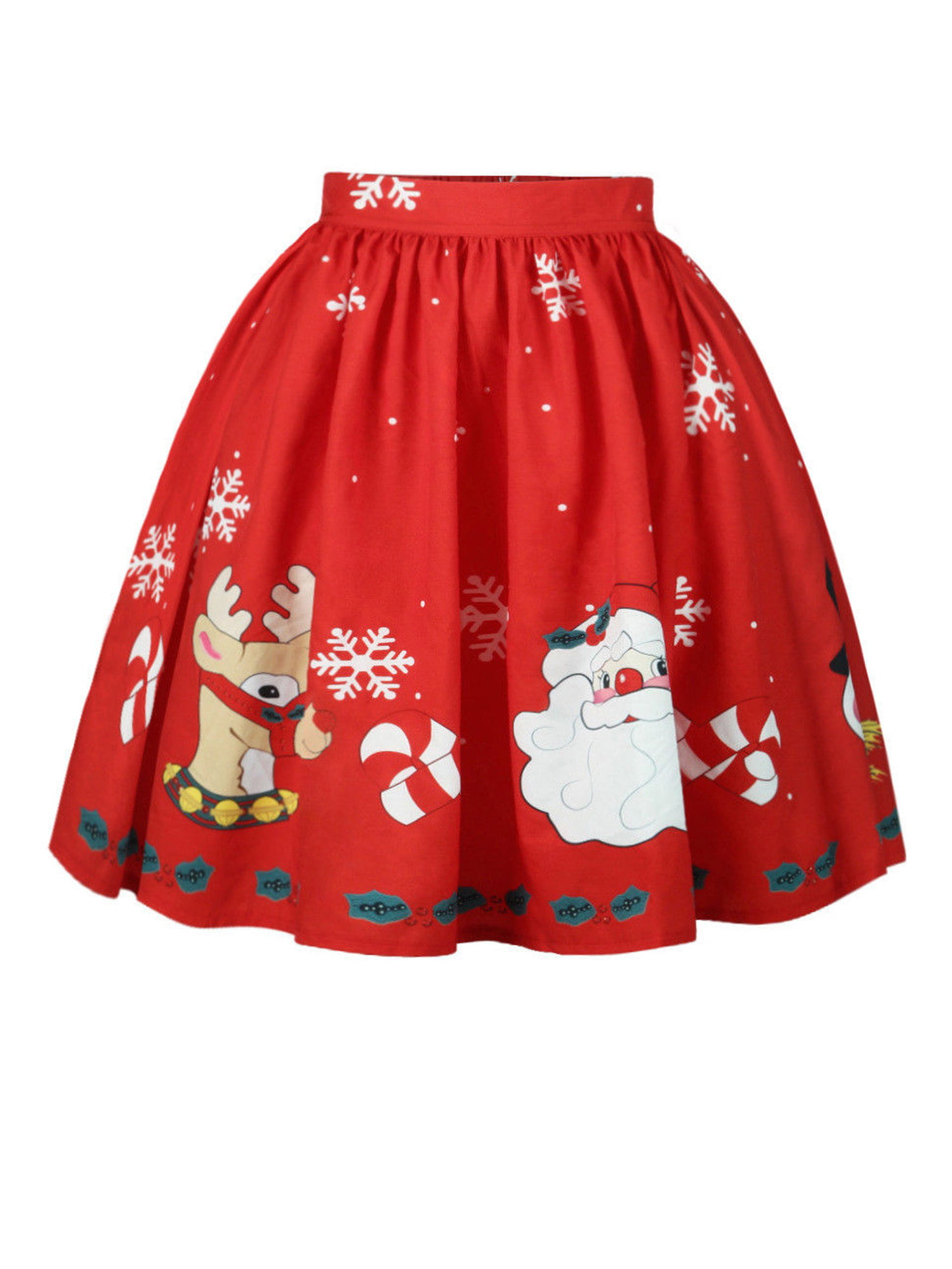 Christmas Print GIrls Flared Skirt Skater Pleated A-line XMAS Santa Claus Skirts 