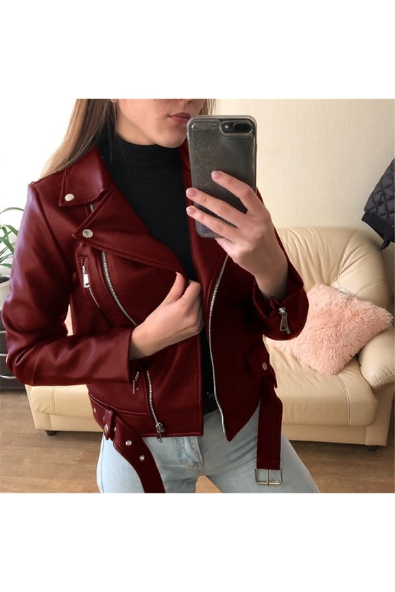 Women Outwear Clearance Women Cool Faux Leather Jacket Long Sleeve Zipper Fitted Coat Fall Short Jacket Special offers