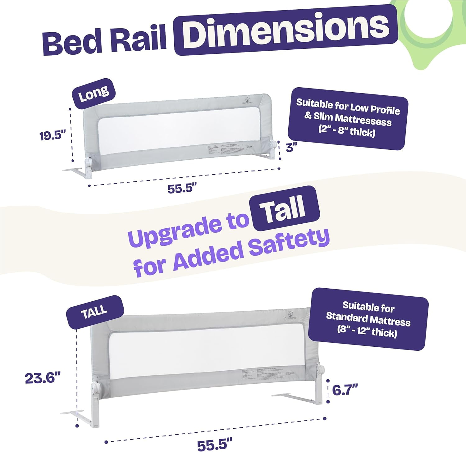 ComfyBumpy Toddler Bed Rail Guard, 35.5" x 19.5" Regular Swing Down Rail for Kids Beds, Gray, 2 pack
