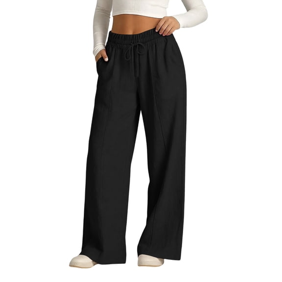 Lmueinov Women's 100% Cotton Wide Leg Pants Elastic High Waist Adjustable D string Casual Flowy Palazzo Trousers with Pockets, S-XXL