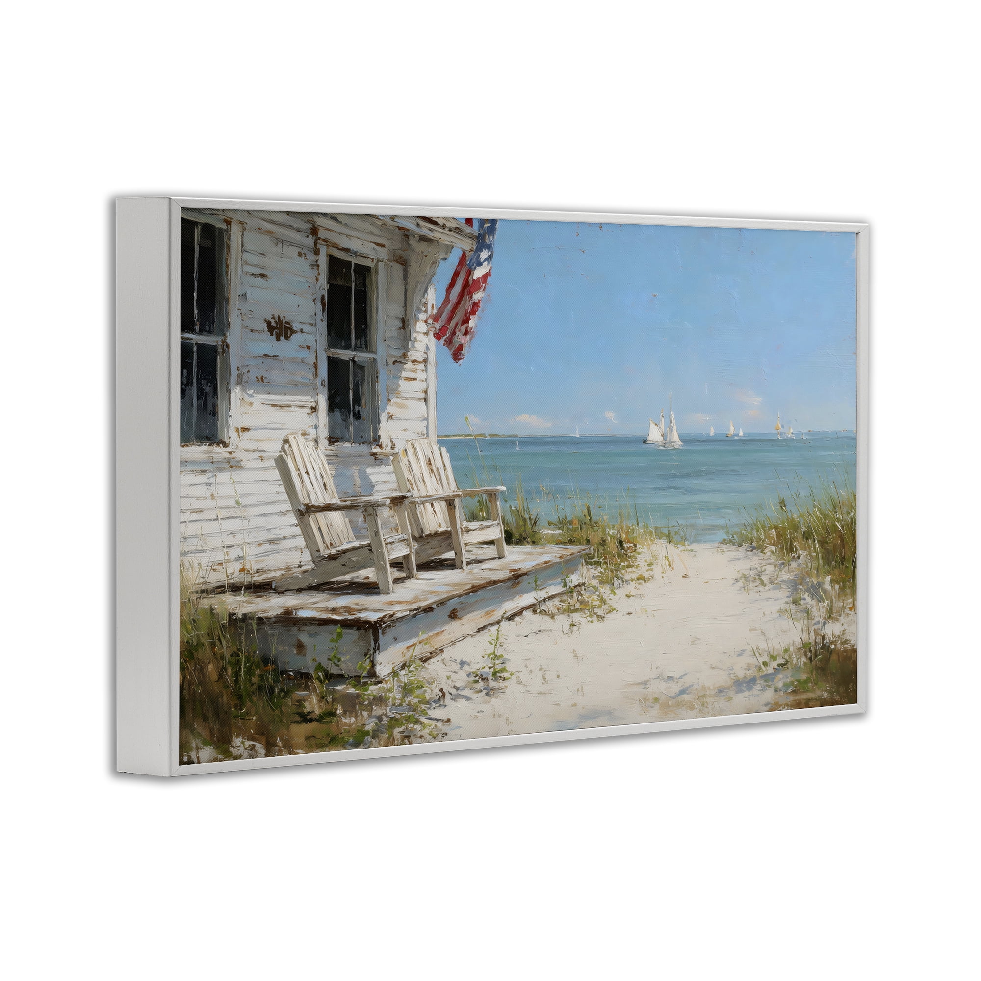 Stupell Industries By The Ocean Cottage Retreat White Framed Giclee Art, design by Petal Prints Design