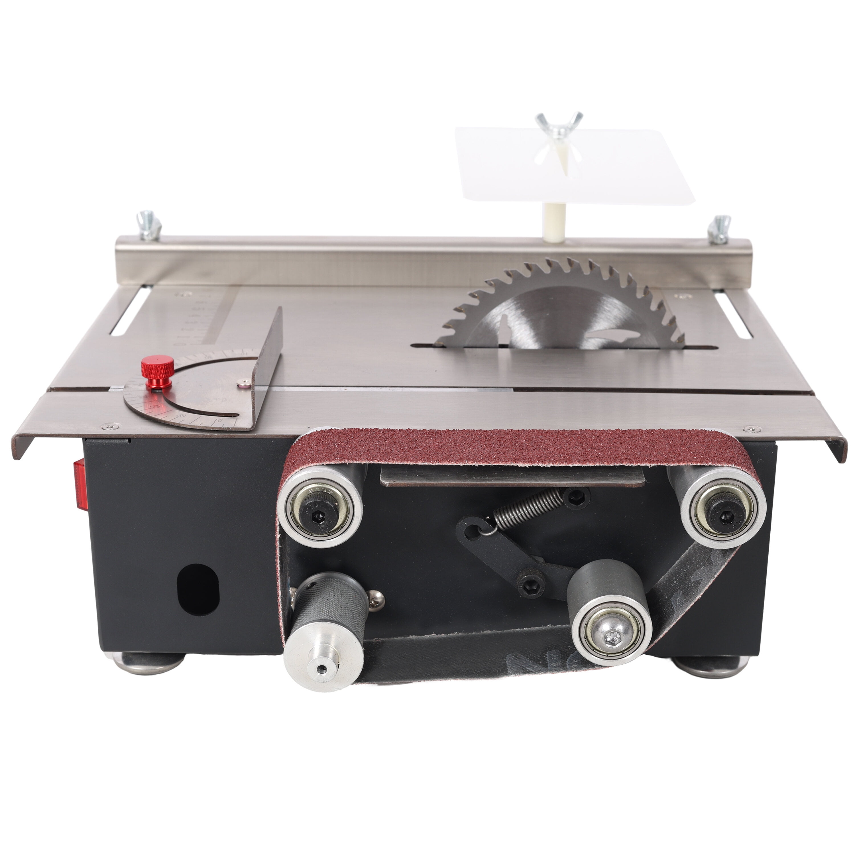 Power Drill, Mini Table Saw,Belt Sander, stainless steel top,4pcs Blades,10pcs Sanding Blet,7 Gear Adjustable 0-90° Angle, Available for Wood/PCB/Acrylic/Plastic,DIY Model Crafts Cutting Tool