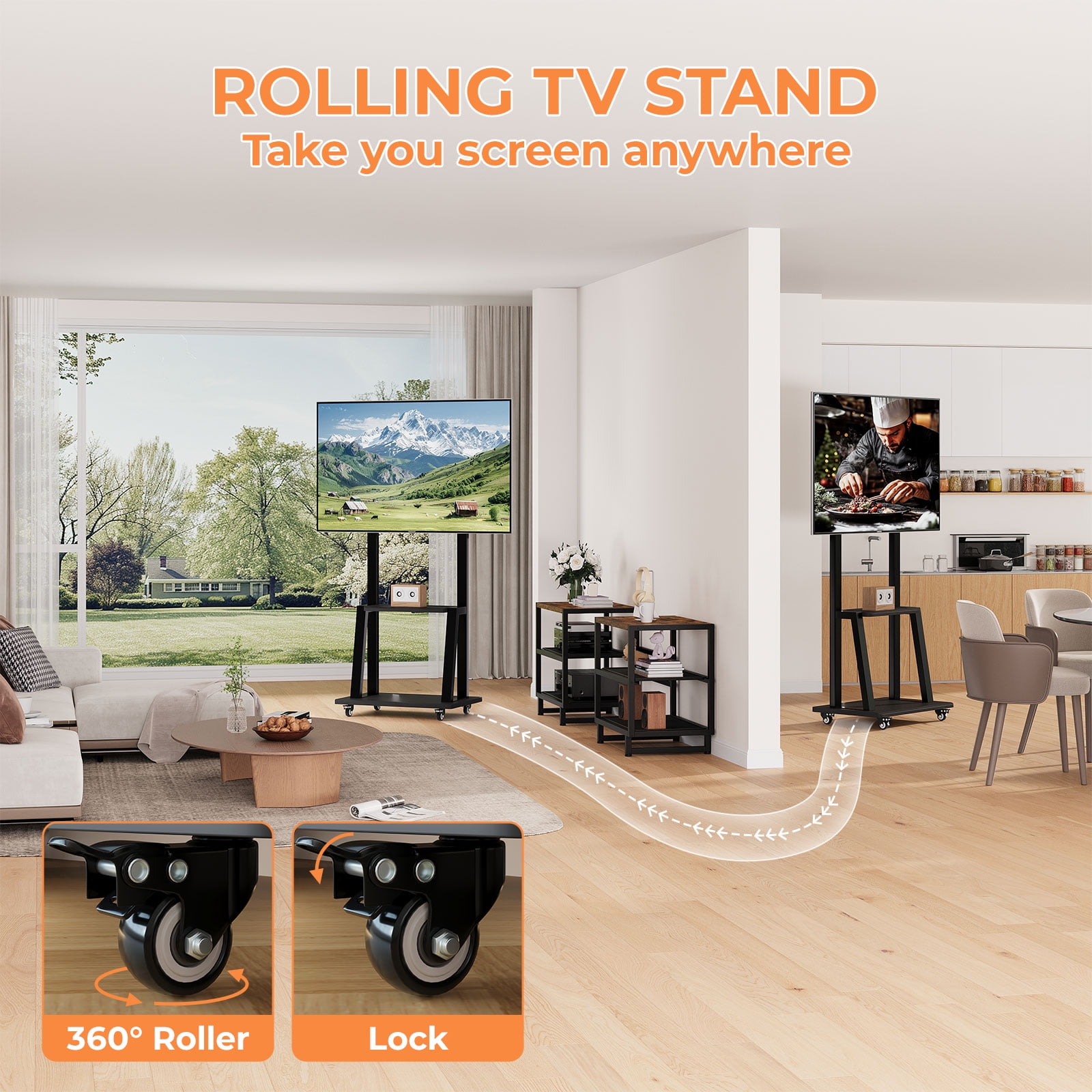 Rolling TV Stand with Storage Shelf for 32-75'' Screen, Mobile TV Stand Height Adjustable Entertainment Center for Living Room Bedroom Office