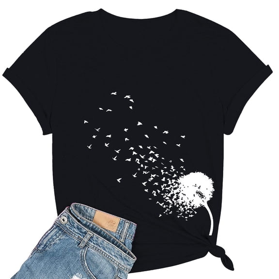 Bovemsi Women's Spring Round Neck Dandelion Printed Loose Casual Short Sleeved T Shirt, Black Women's Summer Short Sleeve T-Shirts, XXL