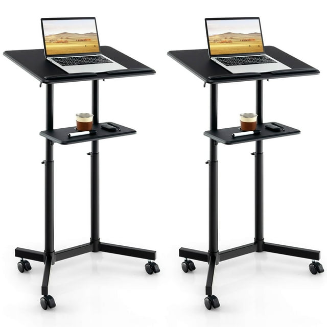 Costway 2 PCS Mobile Lectern Podium with Tilting Top Storage Tray Lockable Casters Black