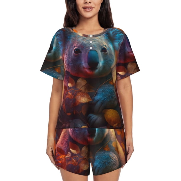 Balery Forest Koala Conjunto de Pijama para Mujer con Estampado, Dos Piezas de Manga Corta y Shorts, Ropa de Dormir Suave con Cuello Redondo y Bolsillos-Large