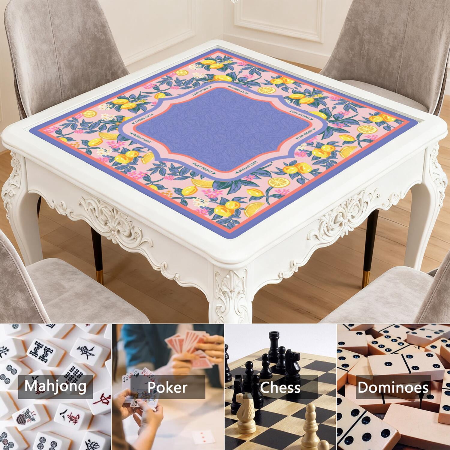 Purple Mahjong Mat for Table, 31.5*31.5in Anti Slip American Mahjong Table Cloth, Noise Reduction, Neoprene Mah jongg Mat with Carrying Bag & 3 Dices, Mahjong Set Gift, Board Tile Games Mats, Lemon02
