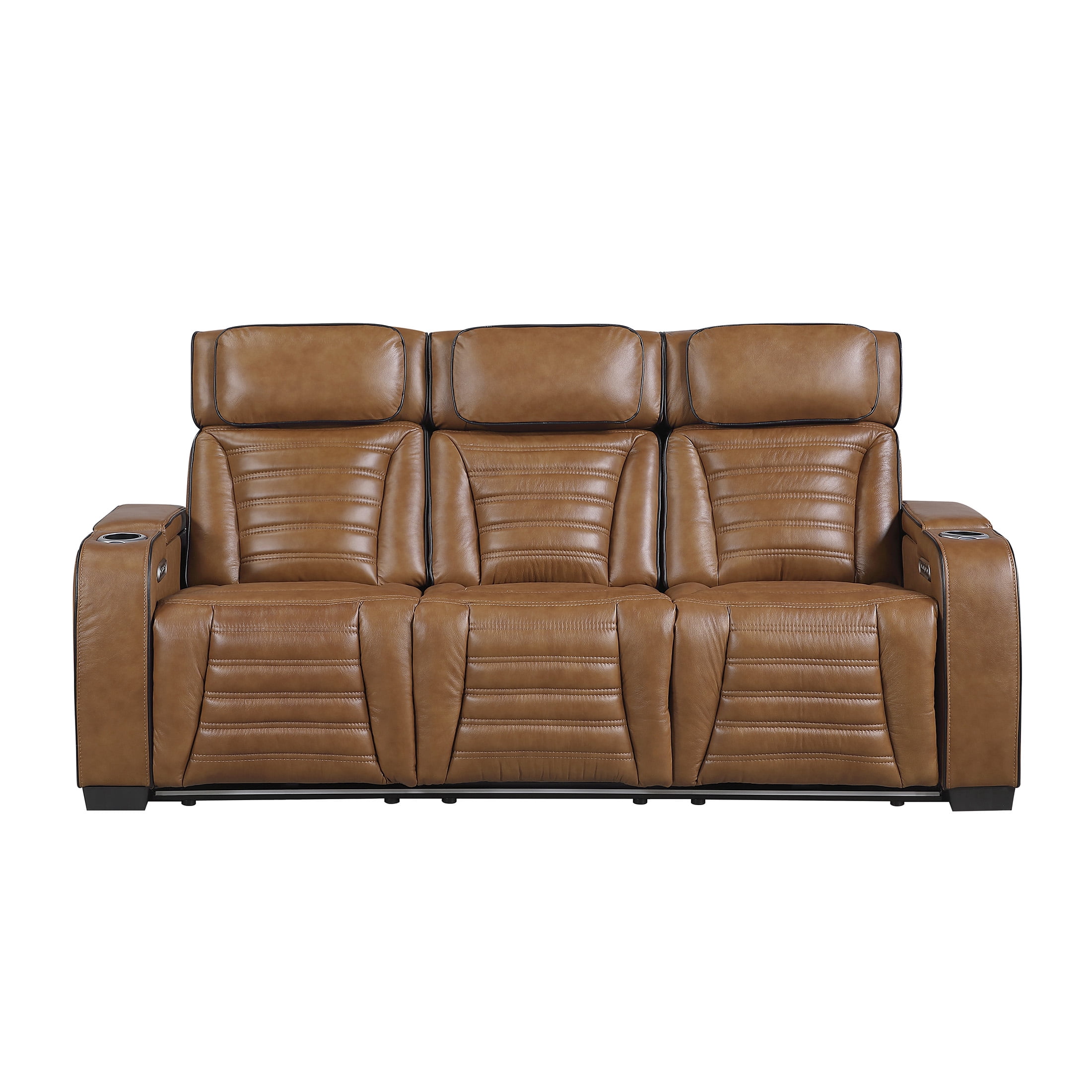 OakvillePark Elantra Leather Match Power Double Reclining Sofa with Center Drop-Down Cup Holder/Power Headrests/Storage Arms/Reading Lights/Wireless Charger/Air Massage/Heat/LED Lighting, Brown