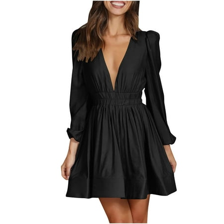 Olyvenn Womens Plus Size Bubble Babydoll Midi Dress Fashion Stylish Solid House Dress Trendy Deep V Neck Cropped Elastic Waist Loose Casual Smocked Ruffled Puff Long Sleeve Prom Dress Black 6