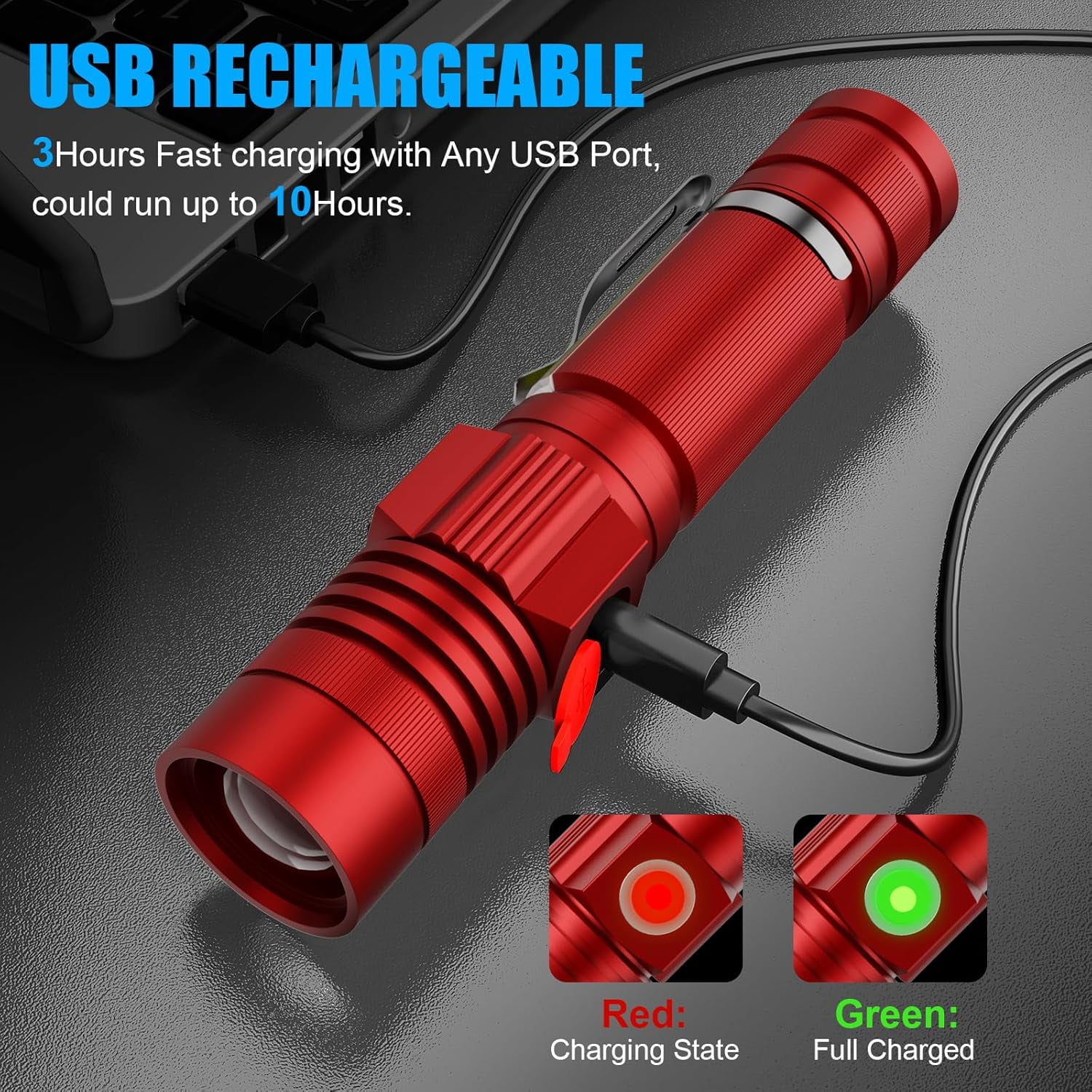 Banral Magnetic LED Flashlight,USB Rechargeable Powerful Flashlight with Cob Sidelight for Camping, Emergency -Red